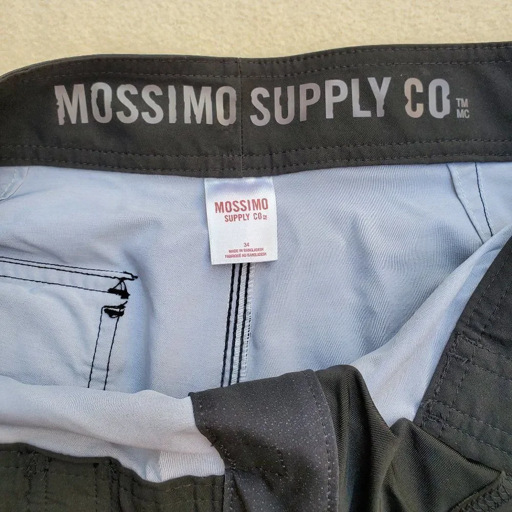Mossimo black, teal, and gray striped board shorts